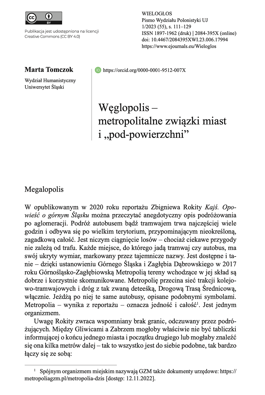 First page of Marta Tomczok’s article Węglopolis in Wielogłos, issue 1 (55), 2023, showing the title, author, and publication details.